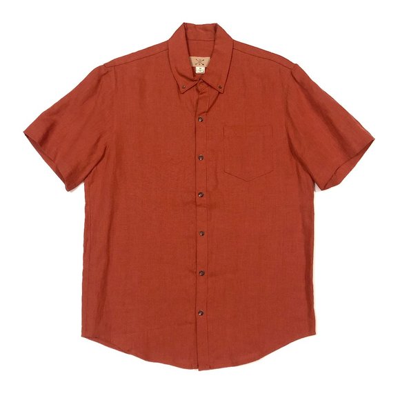 Handmade Bright Red-Orange High Quality Linen Short Sleeved Button-up, Medium - Picture 7 of 8